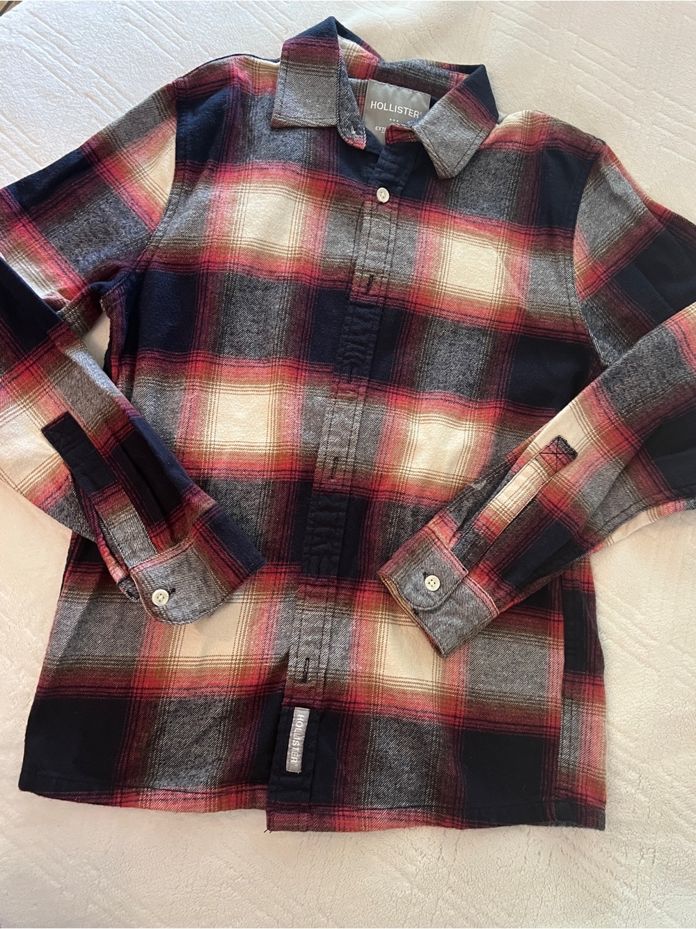 Hollister Navy Red Cream Plaid Button-Down Shirt